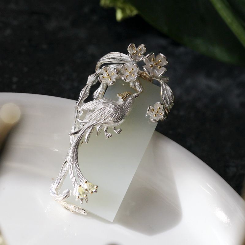 Silver-Plated Alloy & Jade Phoenix Pendant Necklace for Women
