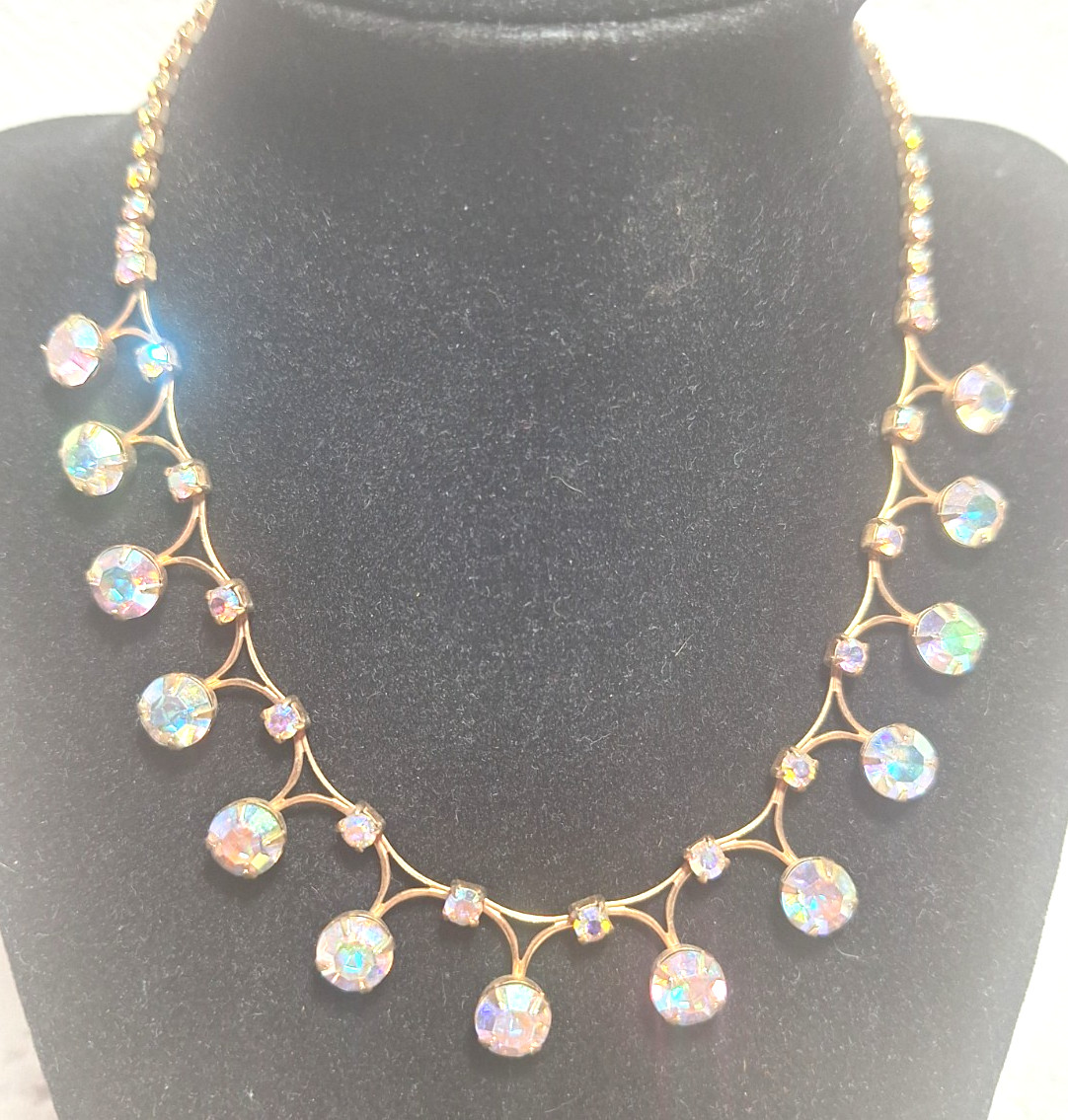Necklace Aurora Borealis Rhinestone 1960 Vtg Iridescent Blue New Year’s Eve Prom
