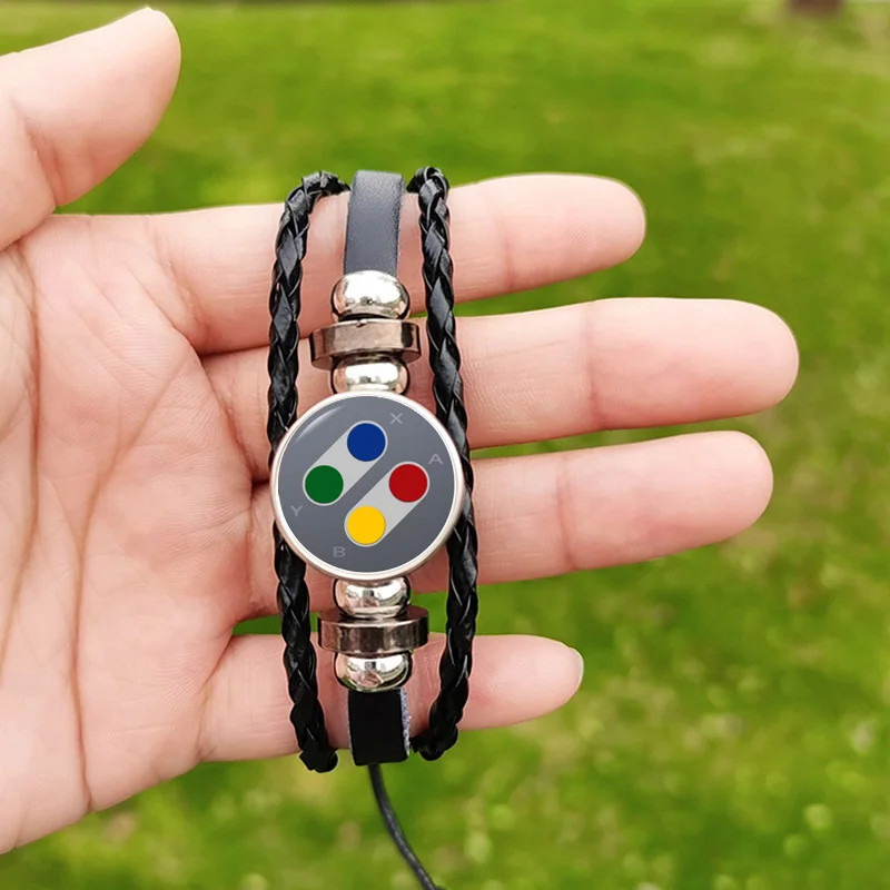 FIMAOHip Hop Video Game Controller Bracelet Leather Braided Glass Button