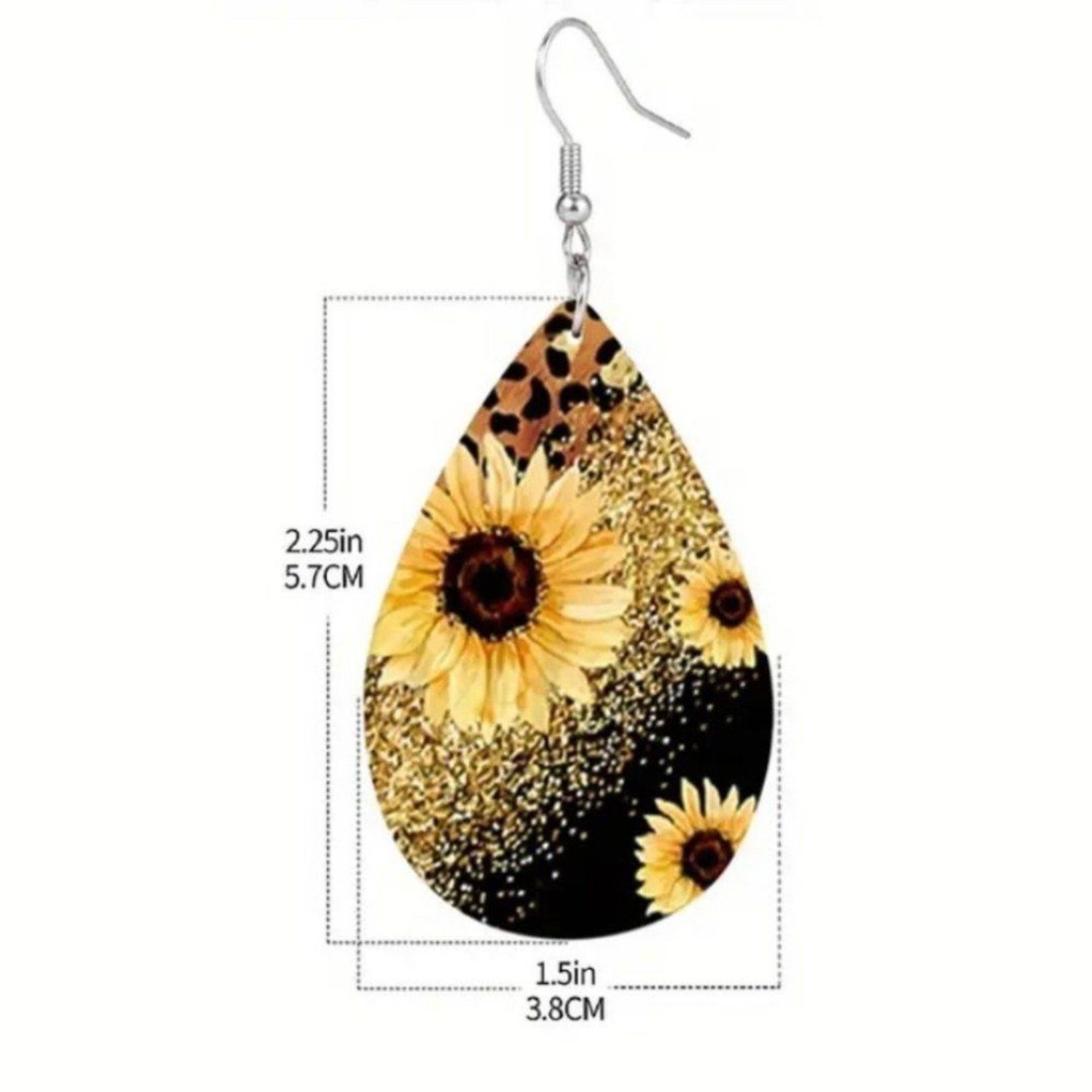 Sunflower and Leopard Teardrop Dangle Earrings Faux Leather