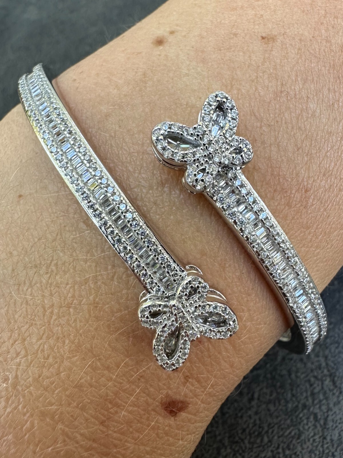 Real Solid 925 Sterling Silver Bangle Handmade Bracelet CZ Iced Butterfly Design
