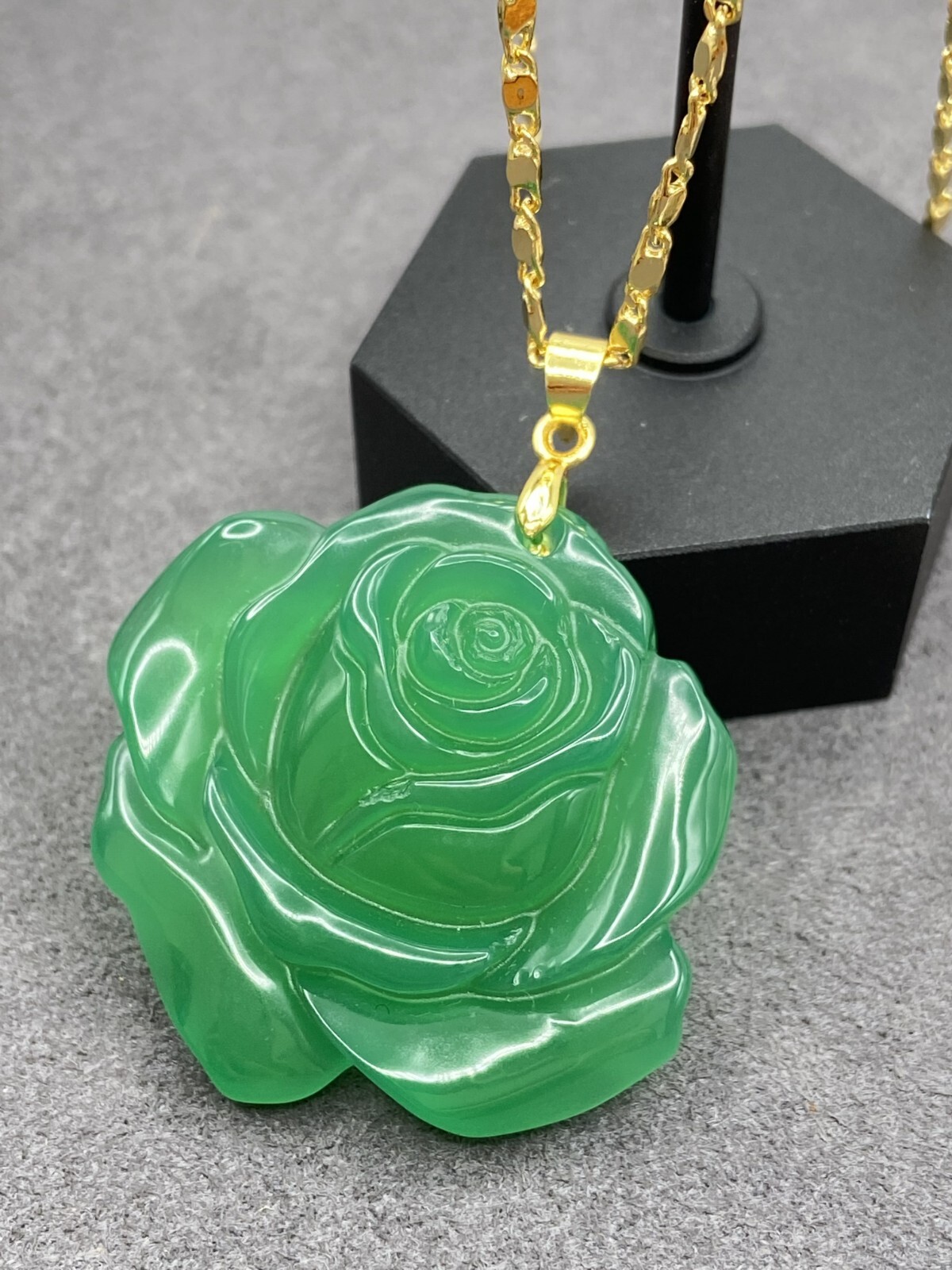 Jade Rose Flower Pendant Charm Necklace W/ 18K Gold Plated Chain Handmade Carved