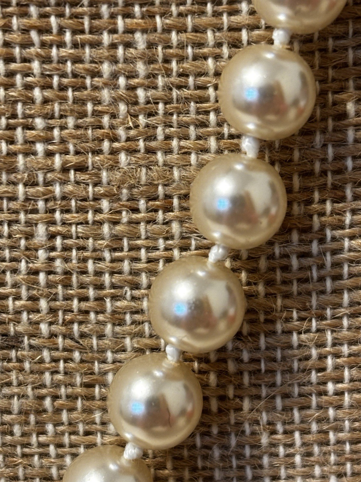 Vintage Faux Pearl Necklace 22” Knotted Strand Gold Tone Push Lock Clasp Luster