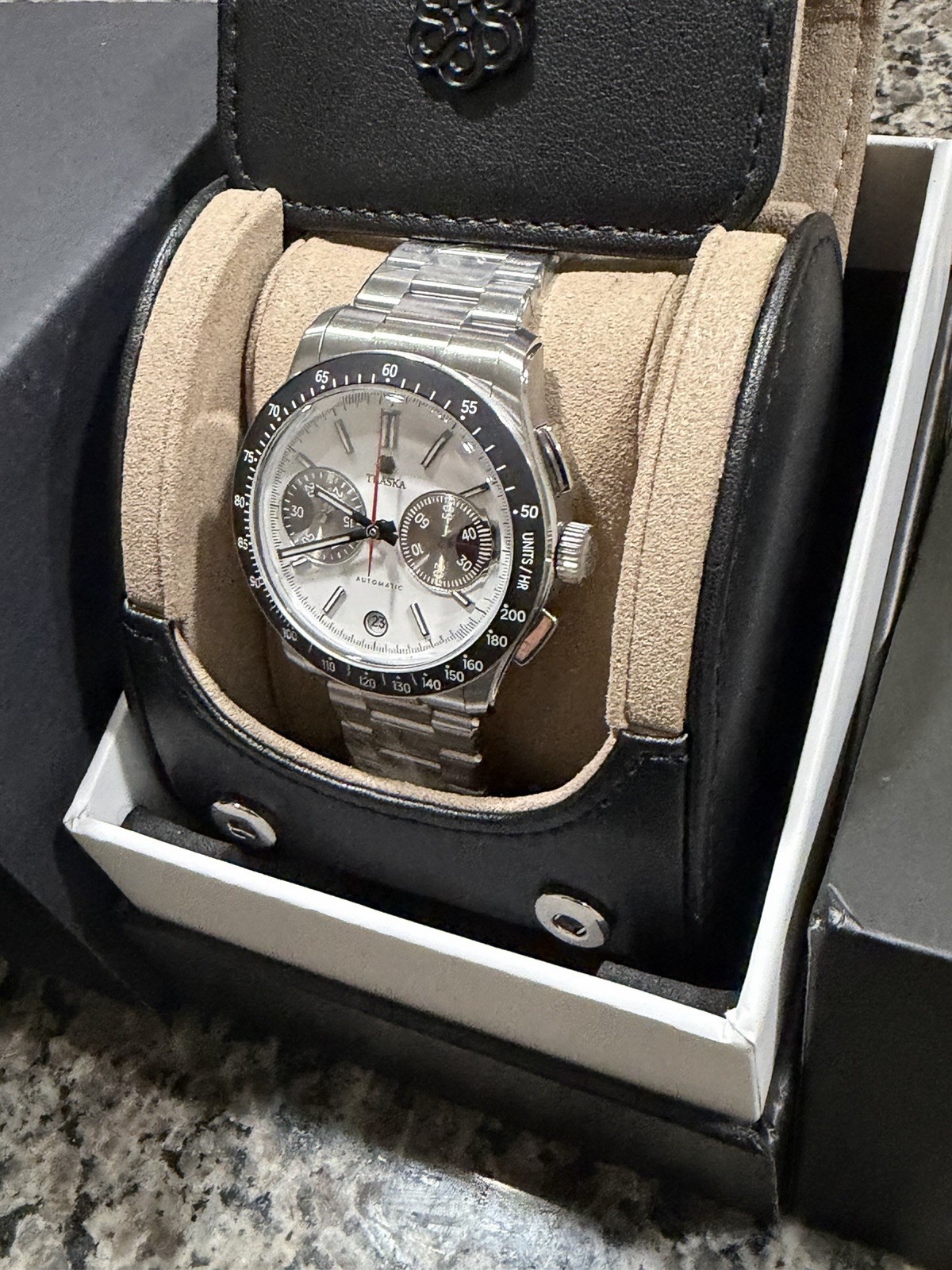 Traska Chronograph 39mm Silver Dial Automatic Date 200m Steel Bracelet Box