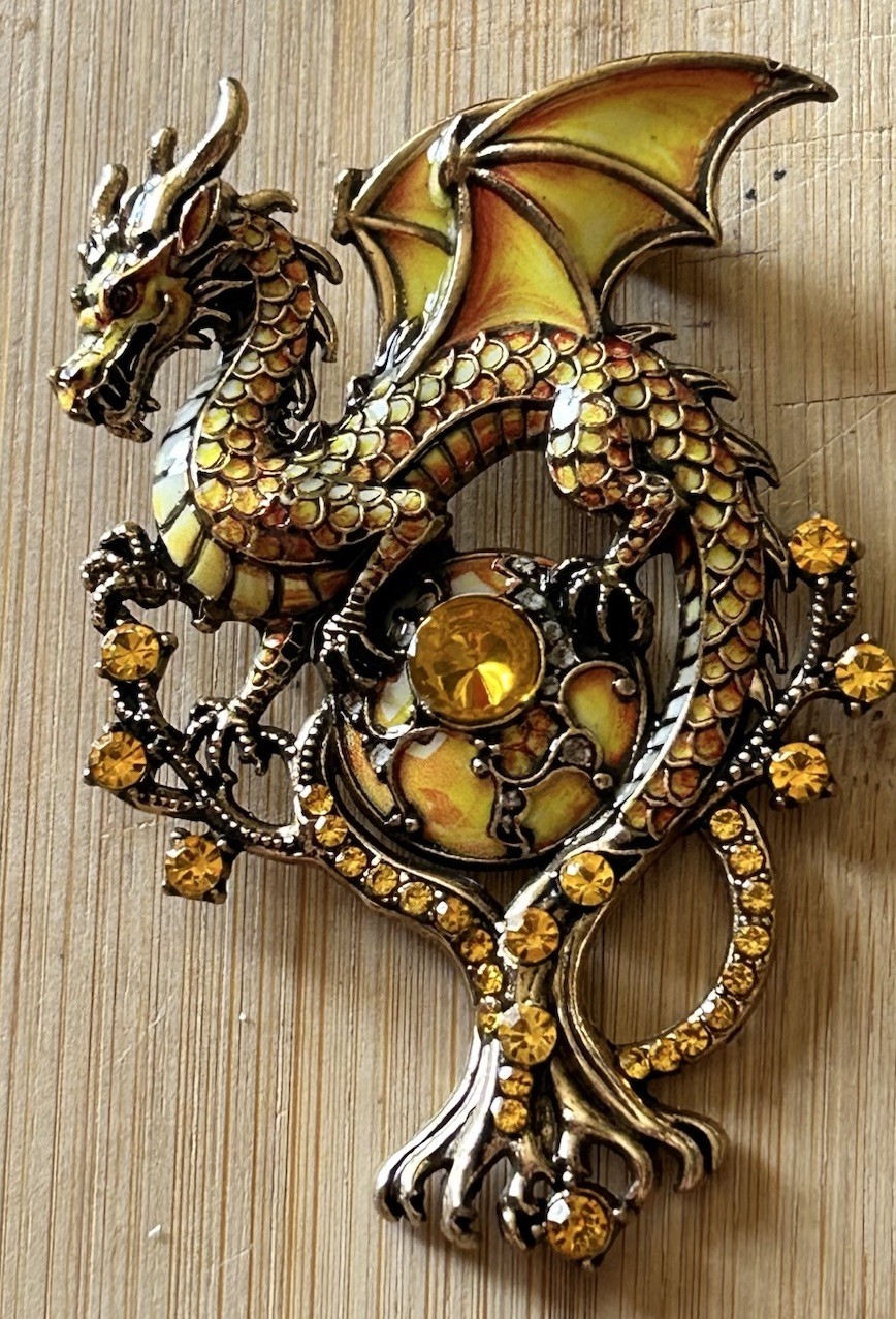 Yellow Crystal Enamel Dragon Magical Crystal Fashion Women Charm Brooch Pin 3.2”