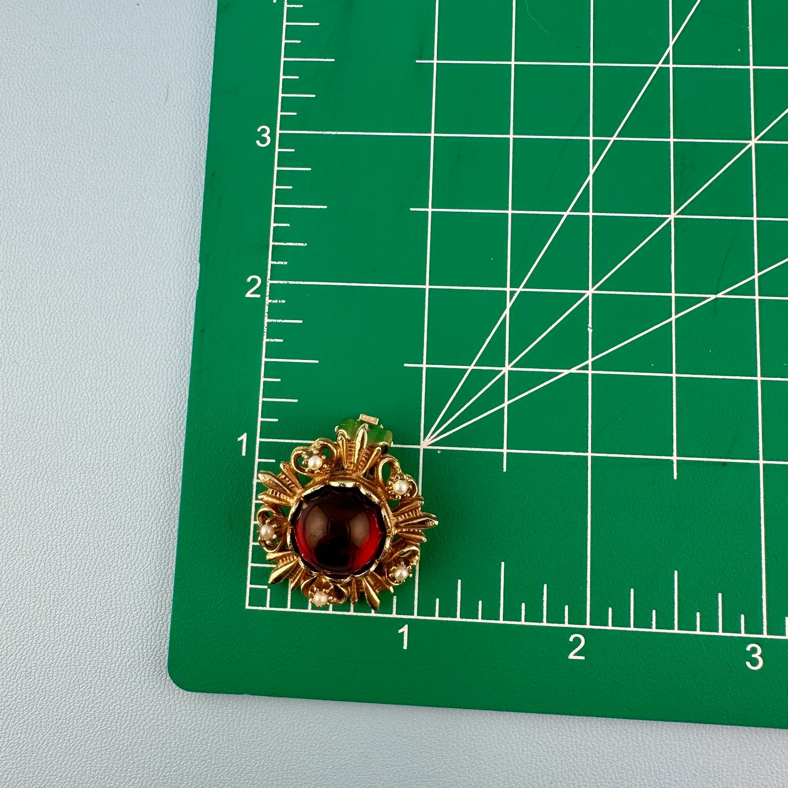 Vintage Clip On Earrings Red Glass Cabochon Gold Tone Faux Pearl Etruscan Rev