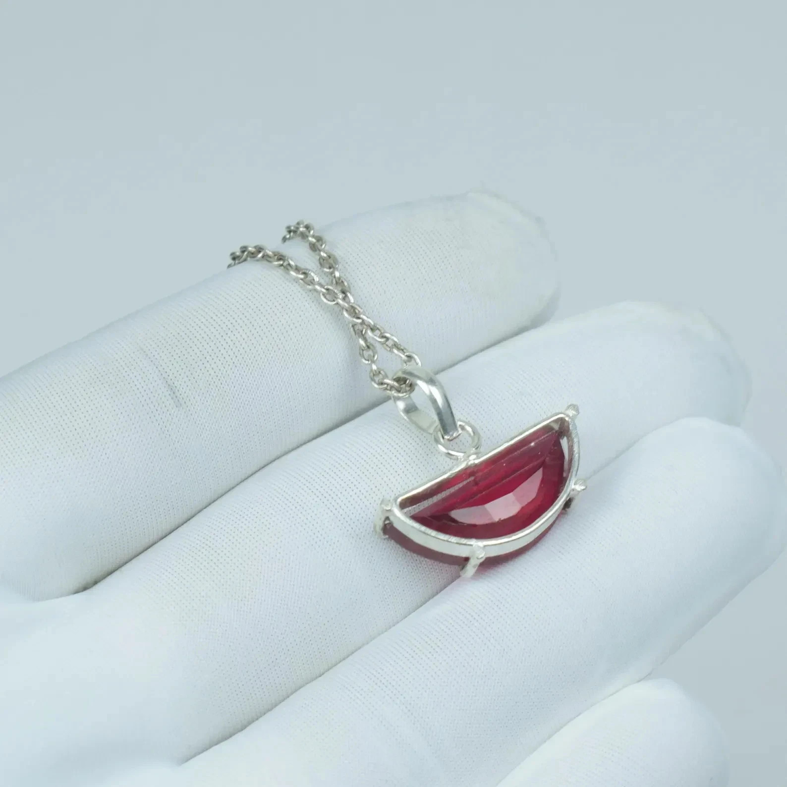 Natural Half Moon Ruby Pendant Sterling Silver Jewelry Gemstone With Chain 19.45