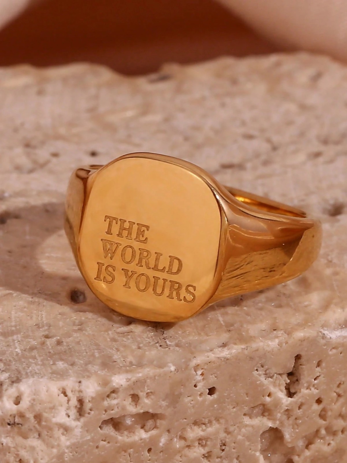 Womens Gold Tone Signet Ring Engraved The World Is Yours Stainless Steel Jewelry
