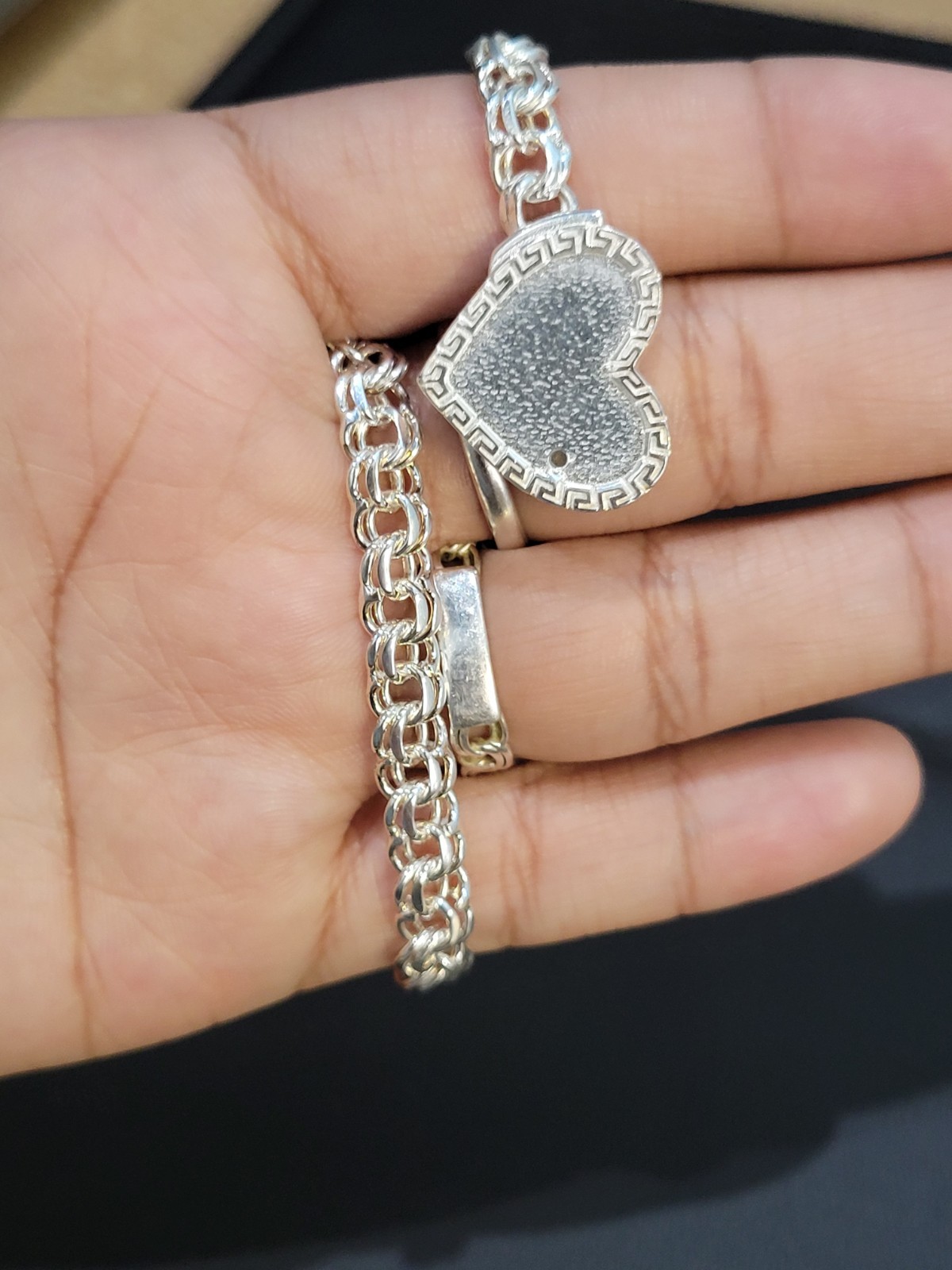 925 sterling silver Chino Link 8″ 6mm 19.58g Greek Heart Lock Bracelet Ladies!