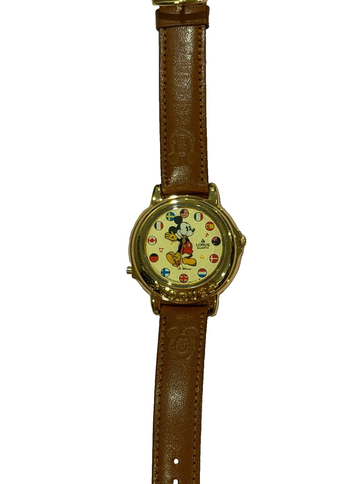 Disney Mickey Mouse Flags Dial Quartz Water-Resistant Brown Leather Strap Watch