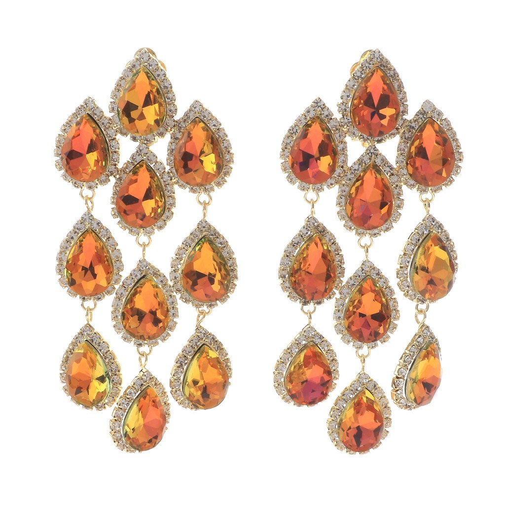 Gold Tone Metal Long Crystal Clip-On Chandelier Earrings ER2517-GYLW