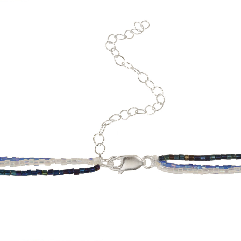 Blue White & Silver Glass Disc Fashion Pendant, 16″