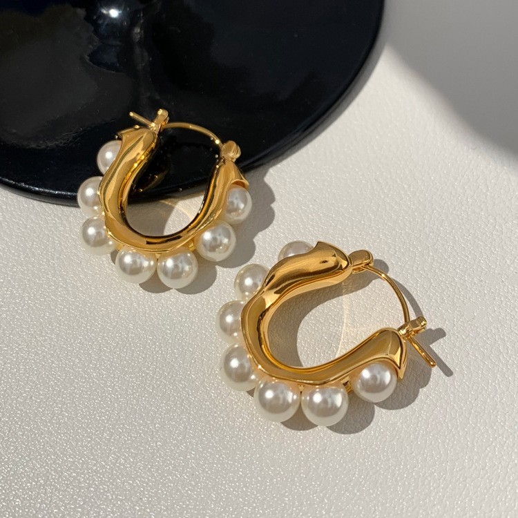 Fashion Woman 14K Gold Plated Pearl Earring Clip Hoop Huggie Ear Drop Dangle
