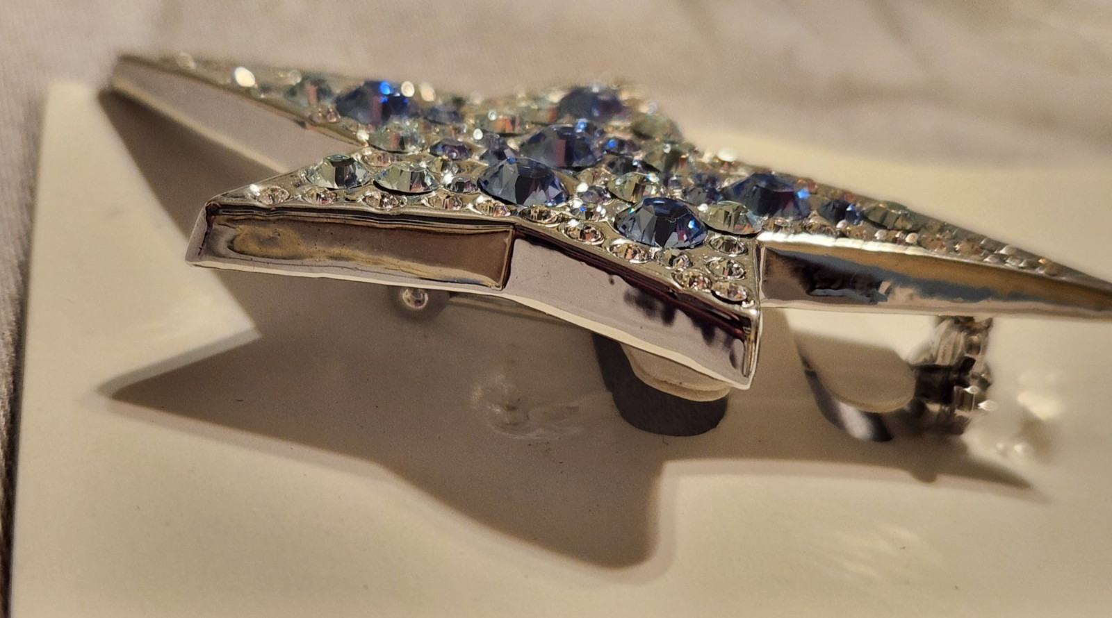 Rare Style New Thierry Mugler Star PIN Brooch Silver w/ Blue & White Crystals