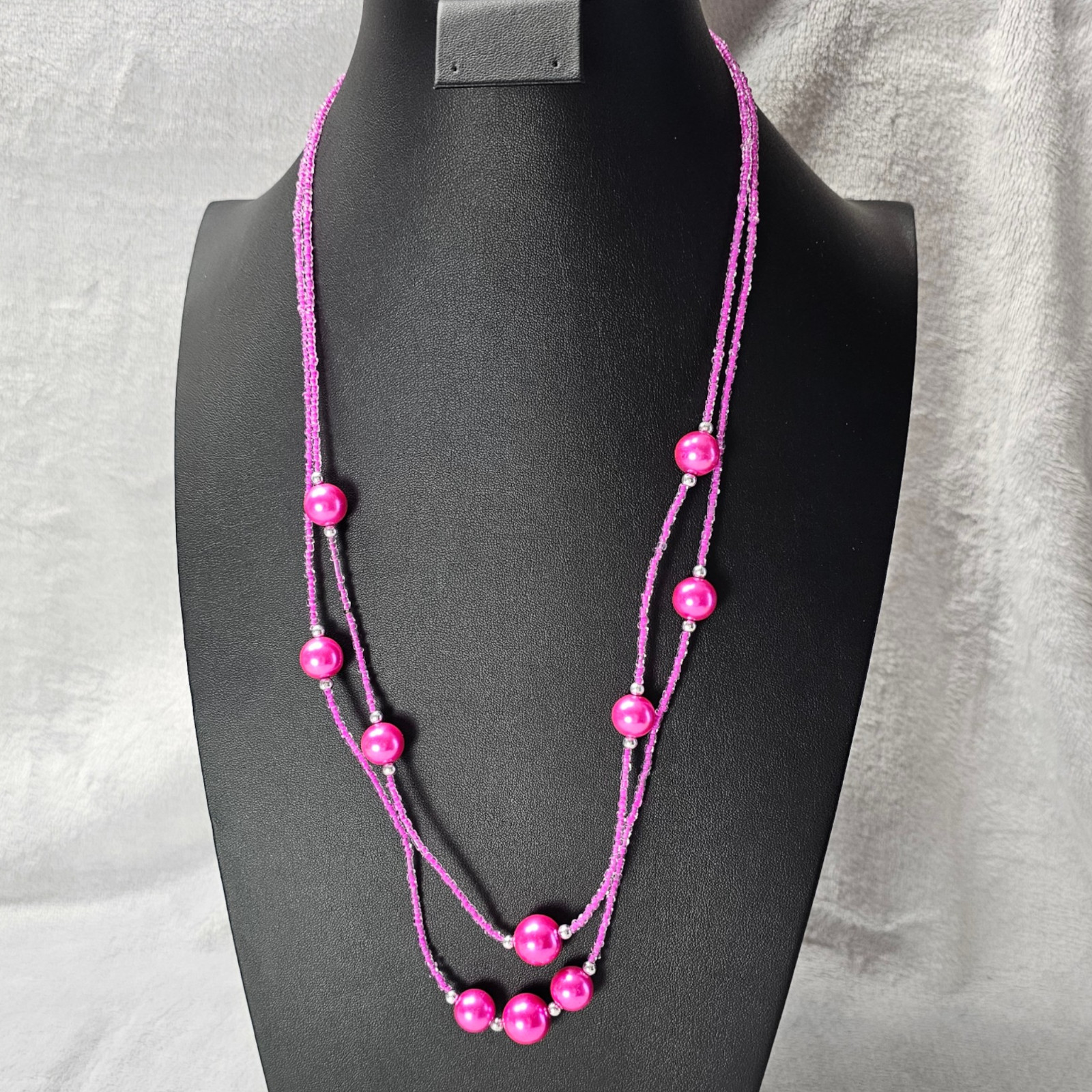 Hot Pink Fuchsia 2 Strand Seed Bead Faux Pearl Station Necklace 28 In Layered