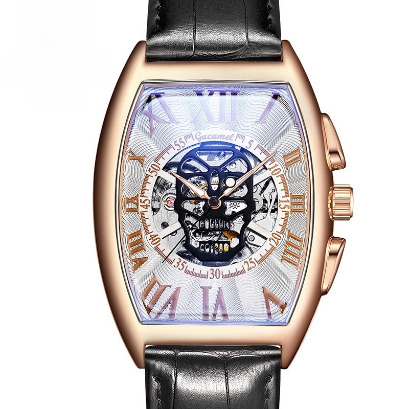 Automatic Skeleton Skull Watch Men’s Mechanical Barrel Case Leather Strap