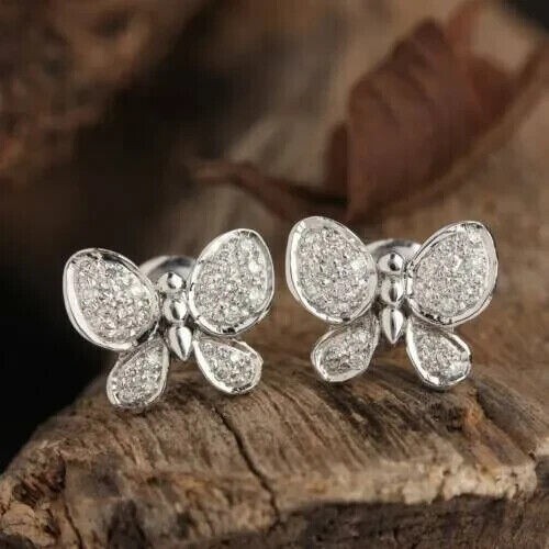 1.50 Ct Round Cut Moissanite Tiny Butterfly Stud Earrings 14K White Gold Plated