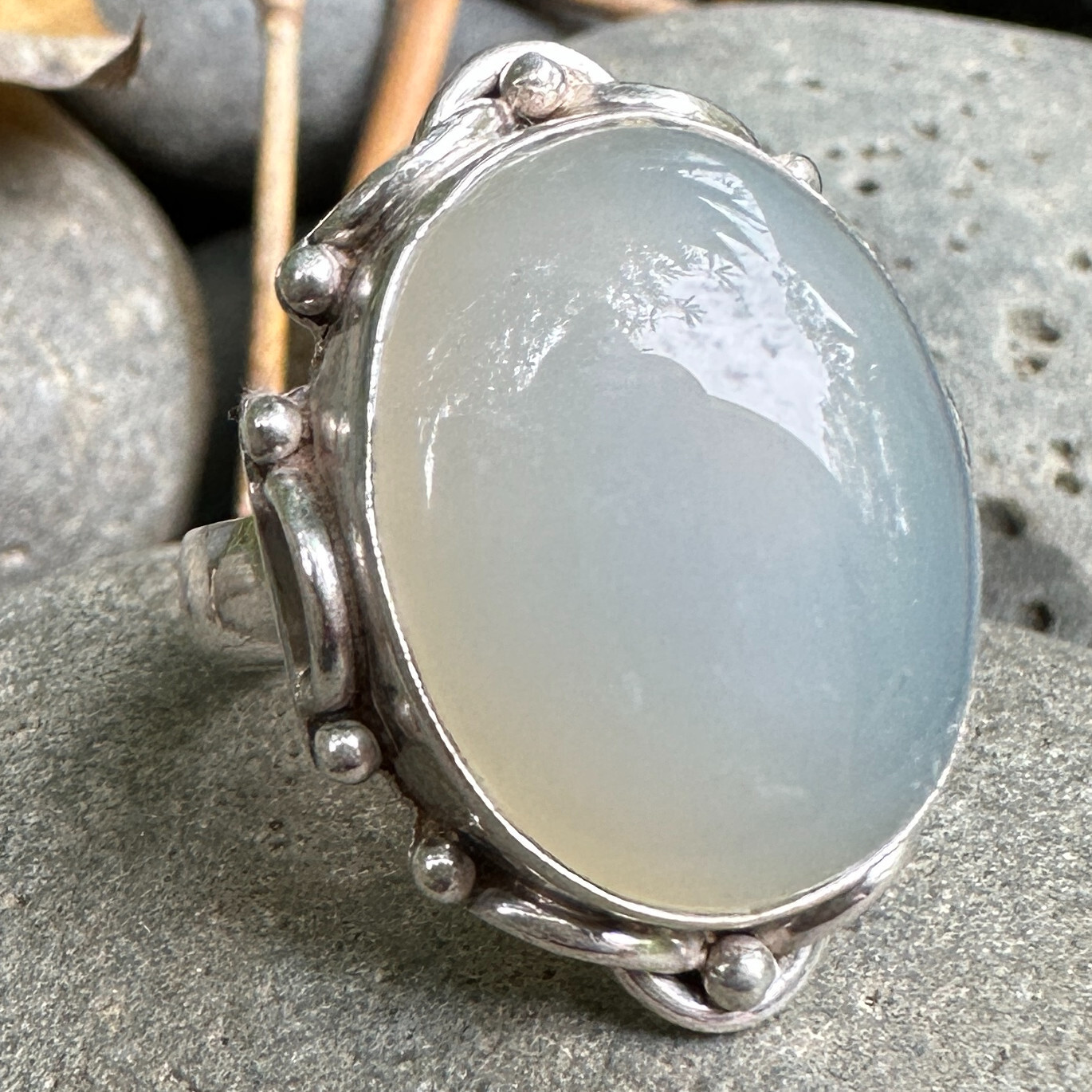 Oval Moonstone Bezel Ring in Sterling Silver SZ 5.5 w Applied Frame Design, 10g