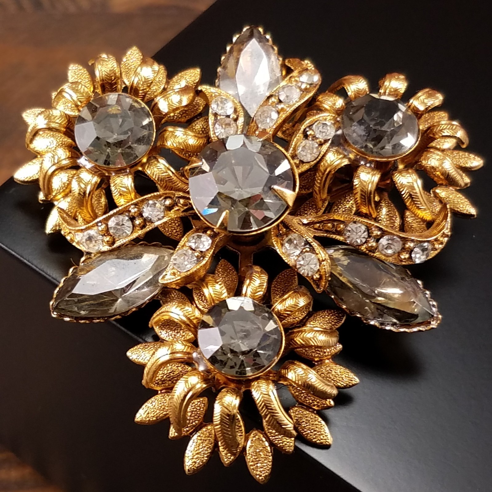 Vintage Riveted Statement Brooch Smoky Navette Crystal Runway Gold Tone Pin
