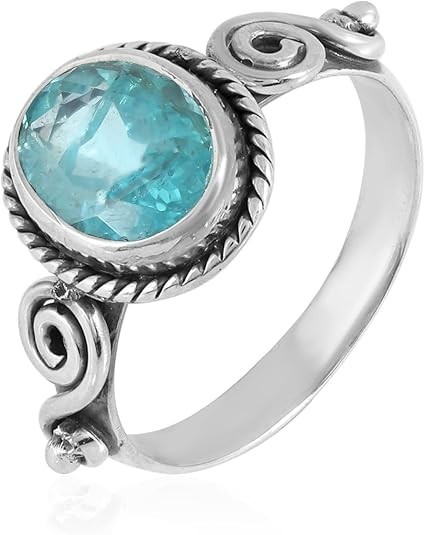 100% Natural Sky Apatite Oval Cut Ring in 925 Oxidized Sterling Silver