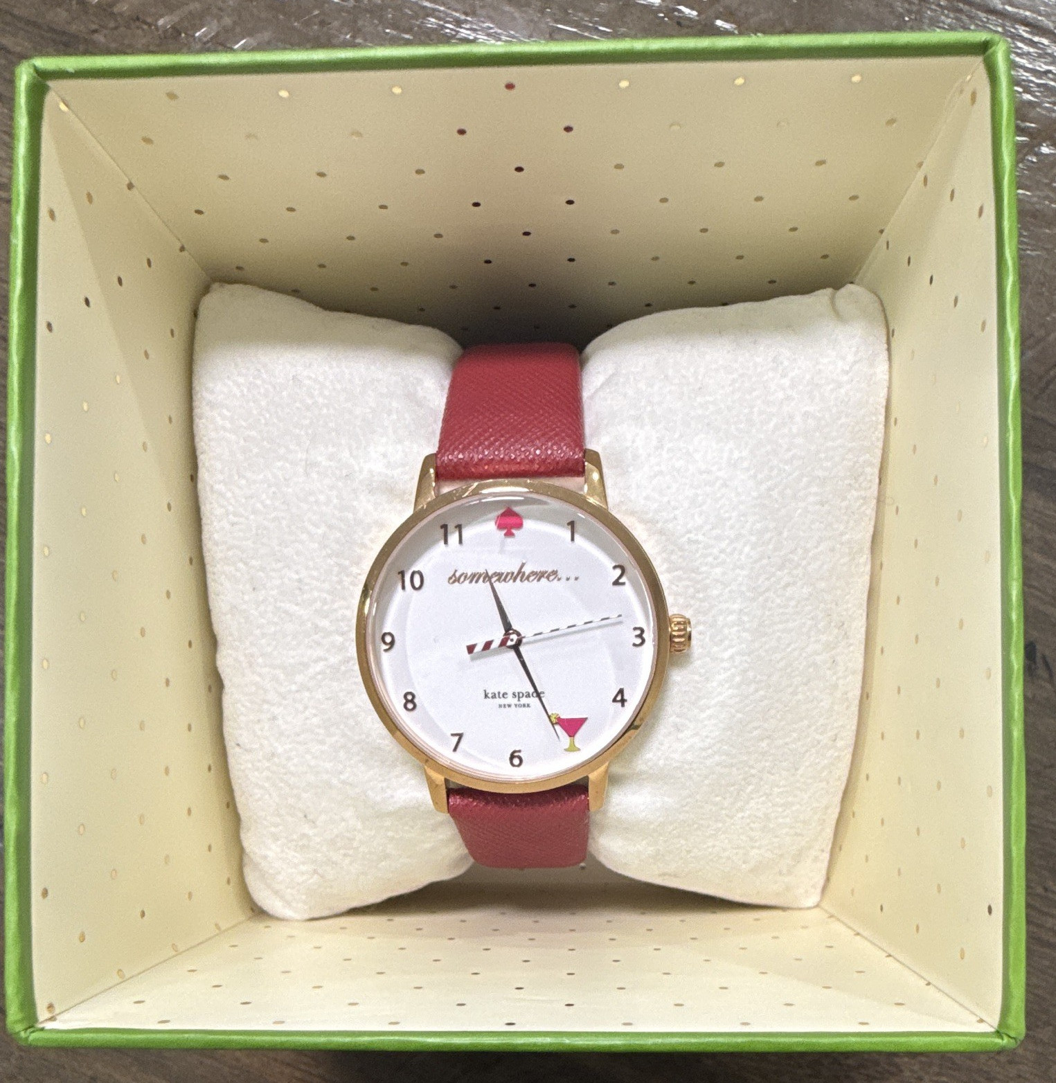 kate spade new york Metro Quartz Gold-Tone Red Leather Strap White Dial w/ Box