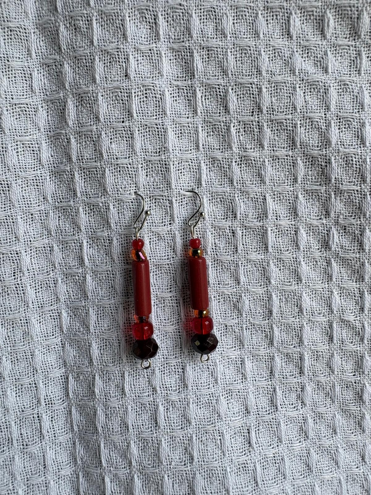 red and burgundy beads handmade dangle silver hook earrings 1.5″ dangle womens