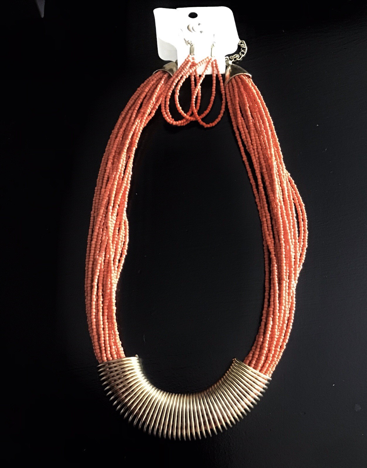 Charming Charlie Orange Seed Bead Multi Strand Bronze Tone Necklace & Earrings