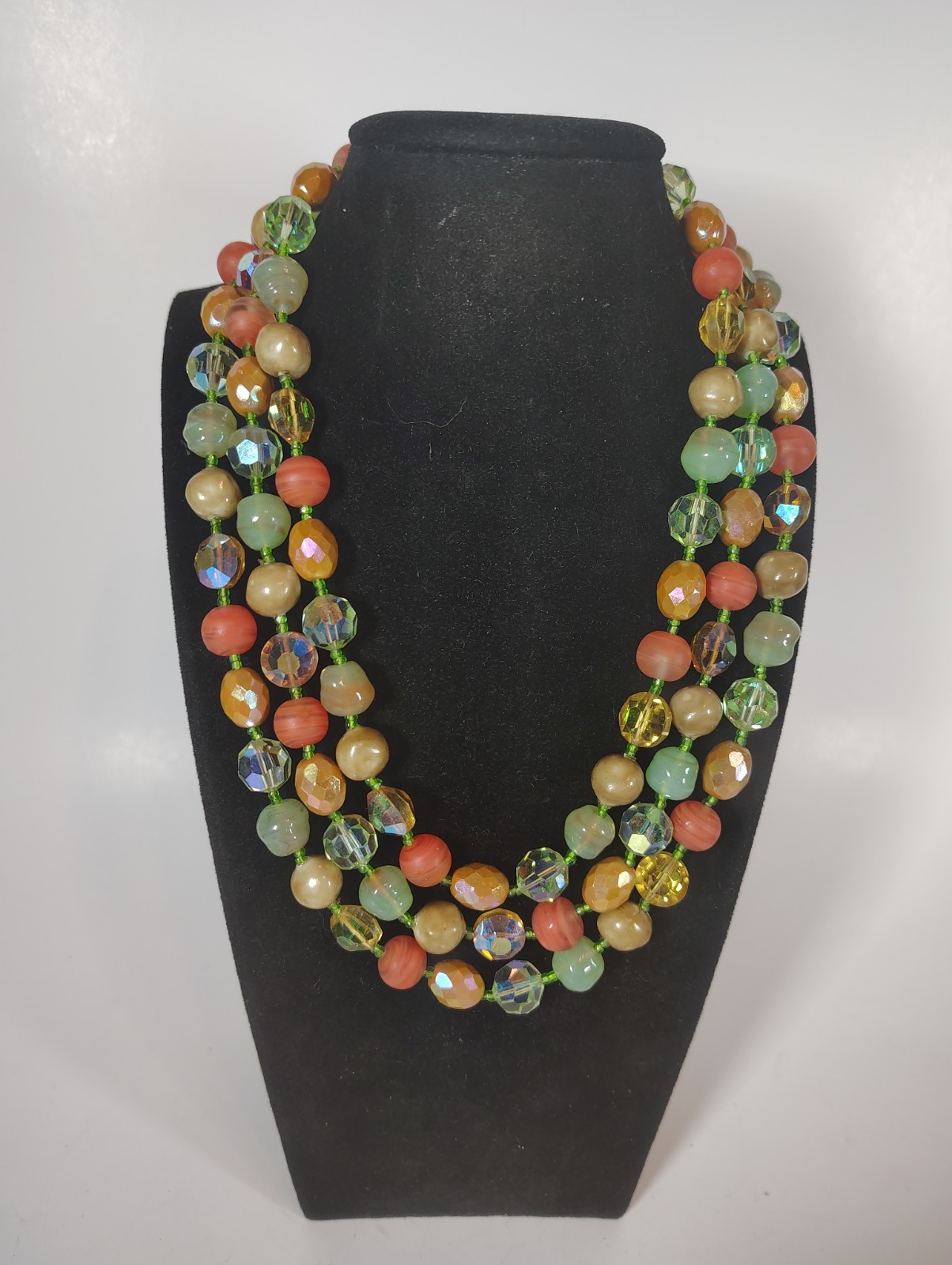 Vintage 3 Strand Glass & Early Plastic Bead Necklace UV Reactive 18″ 114g