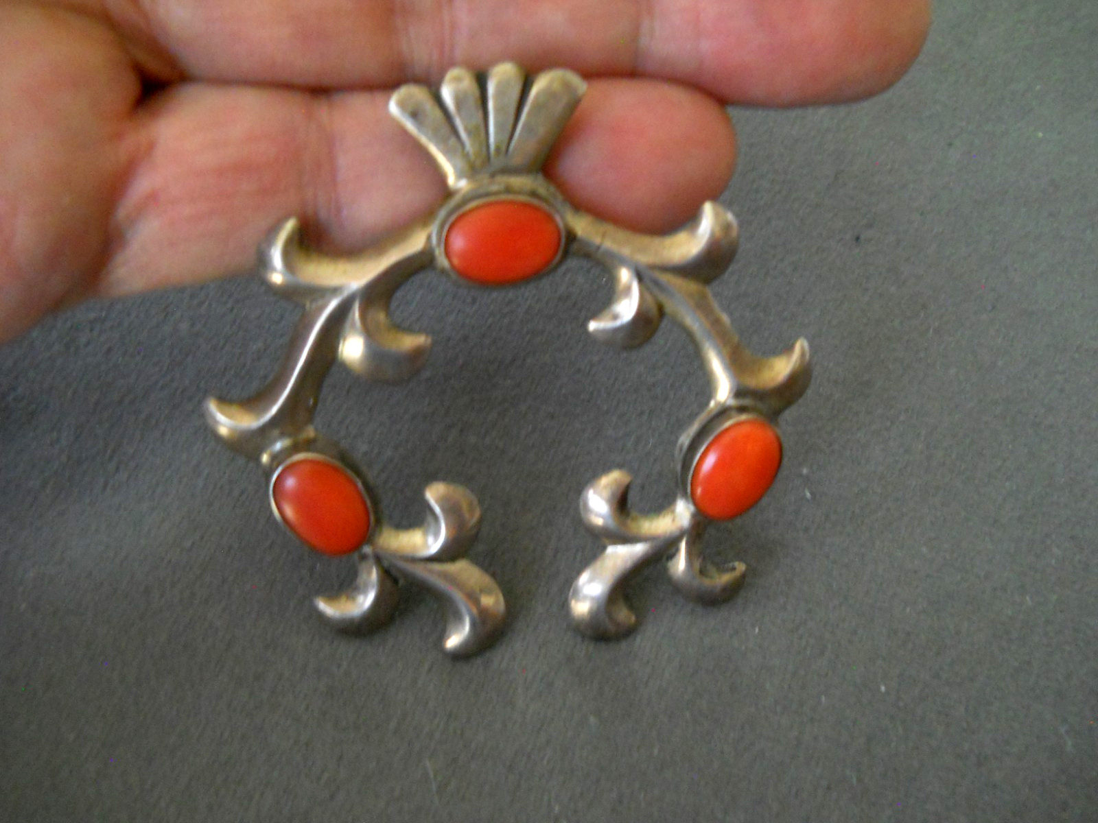 Native American Navajo Coral Sandcast Sterling Silver Naja Squash Pendant 2.4″