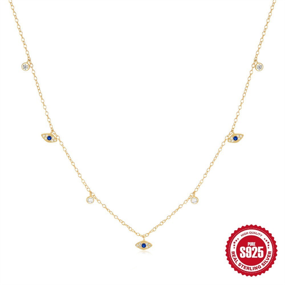 Gold Plated 925 Sterling Silver Blue CZ Evil Eye Station Necklace for Women