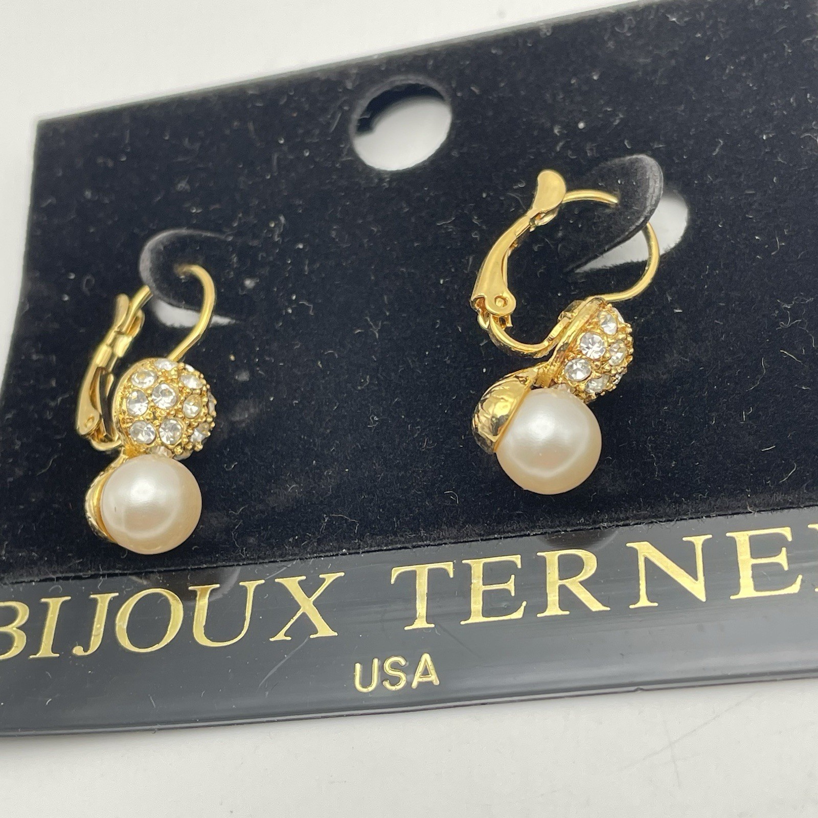 Bijoux Terne Pave Stud Faux Pearl Gold Tone Lever back Pierced Earrings NEW