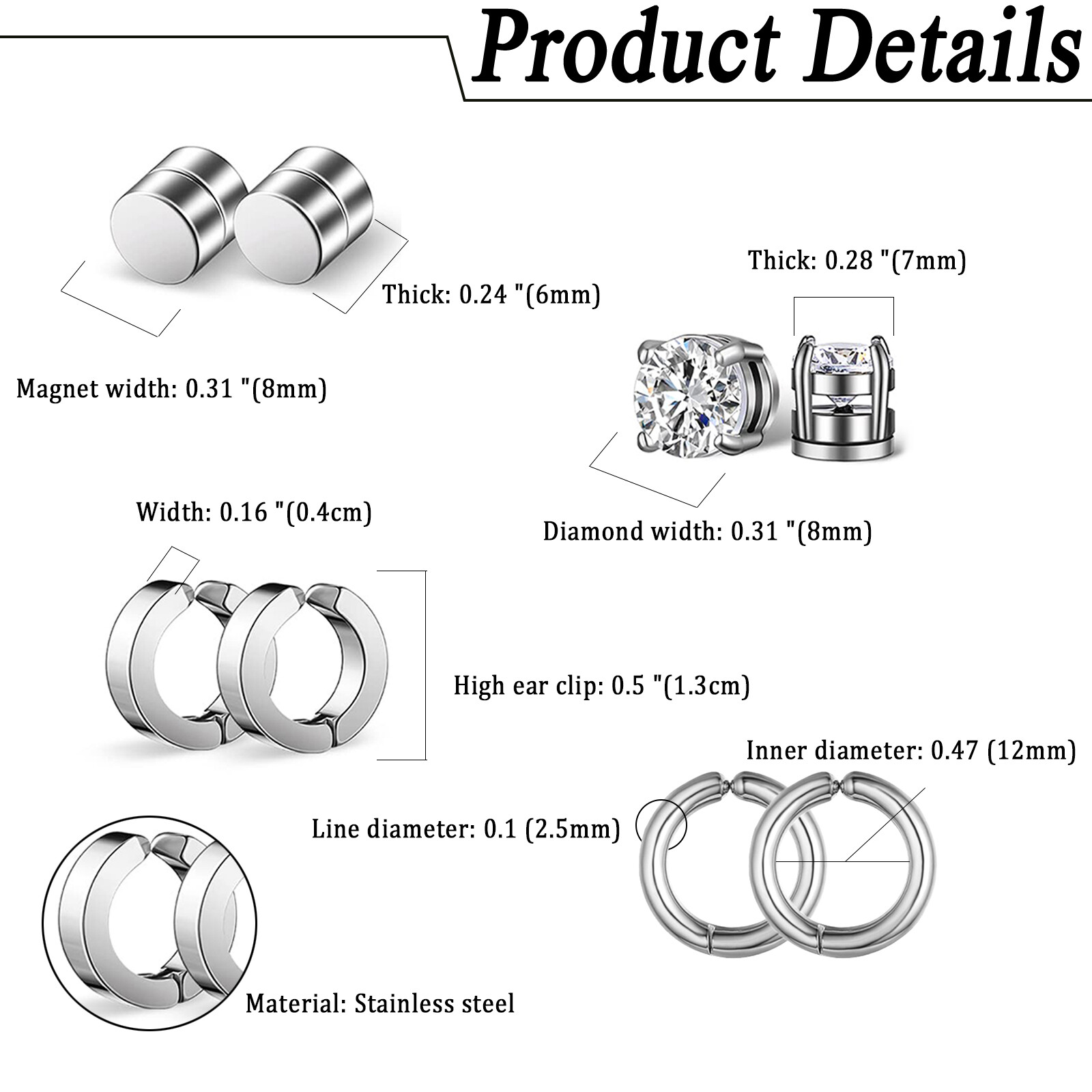 12 Pairs Stainless Steel Magnetic Stud Earring Women Men Non-Piercing Clip On US