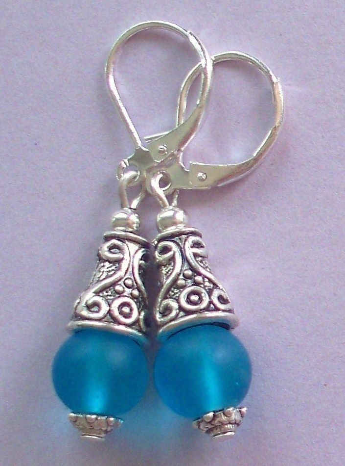cerulean blue BEACH FROSTED GLASS drop earring SP HANDCRAFTED XX
