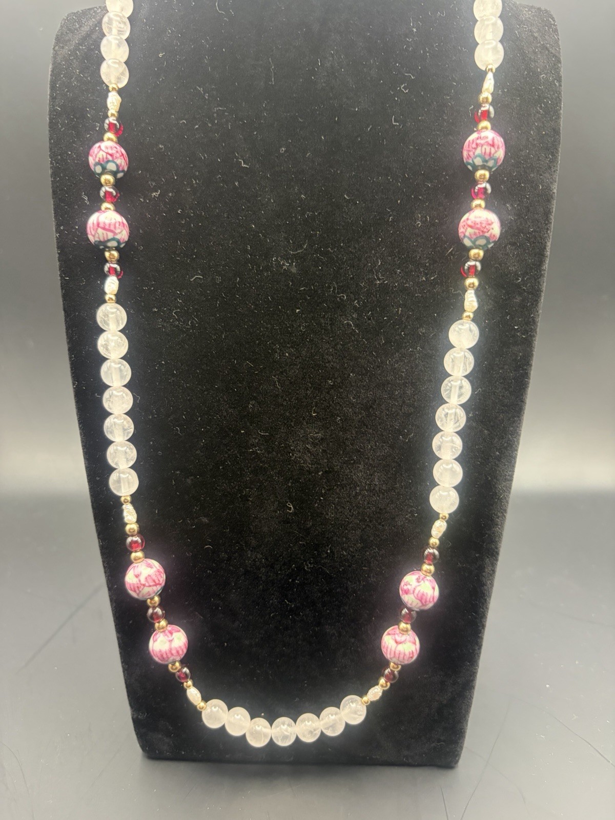 Vintage Amethyst Garnet Pearl Necklace 12K Gold Filled Clasp Hand Painted Beads