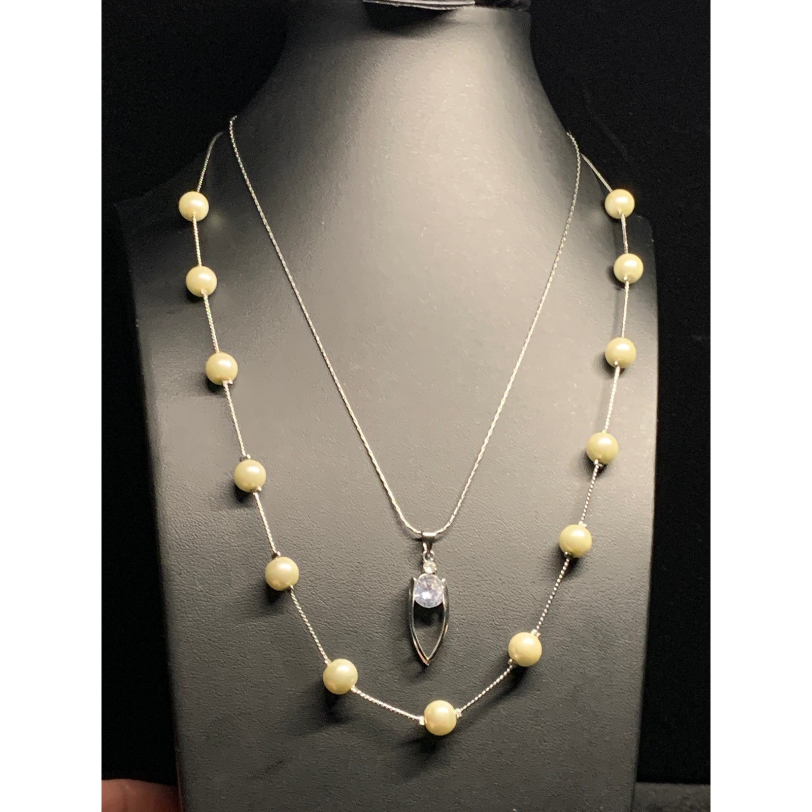 Silver Tone Layered Necklace Set Faux Pearl Station & CZ Solitaire Pendant