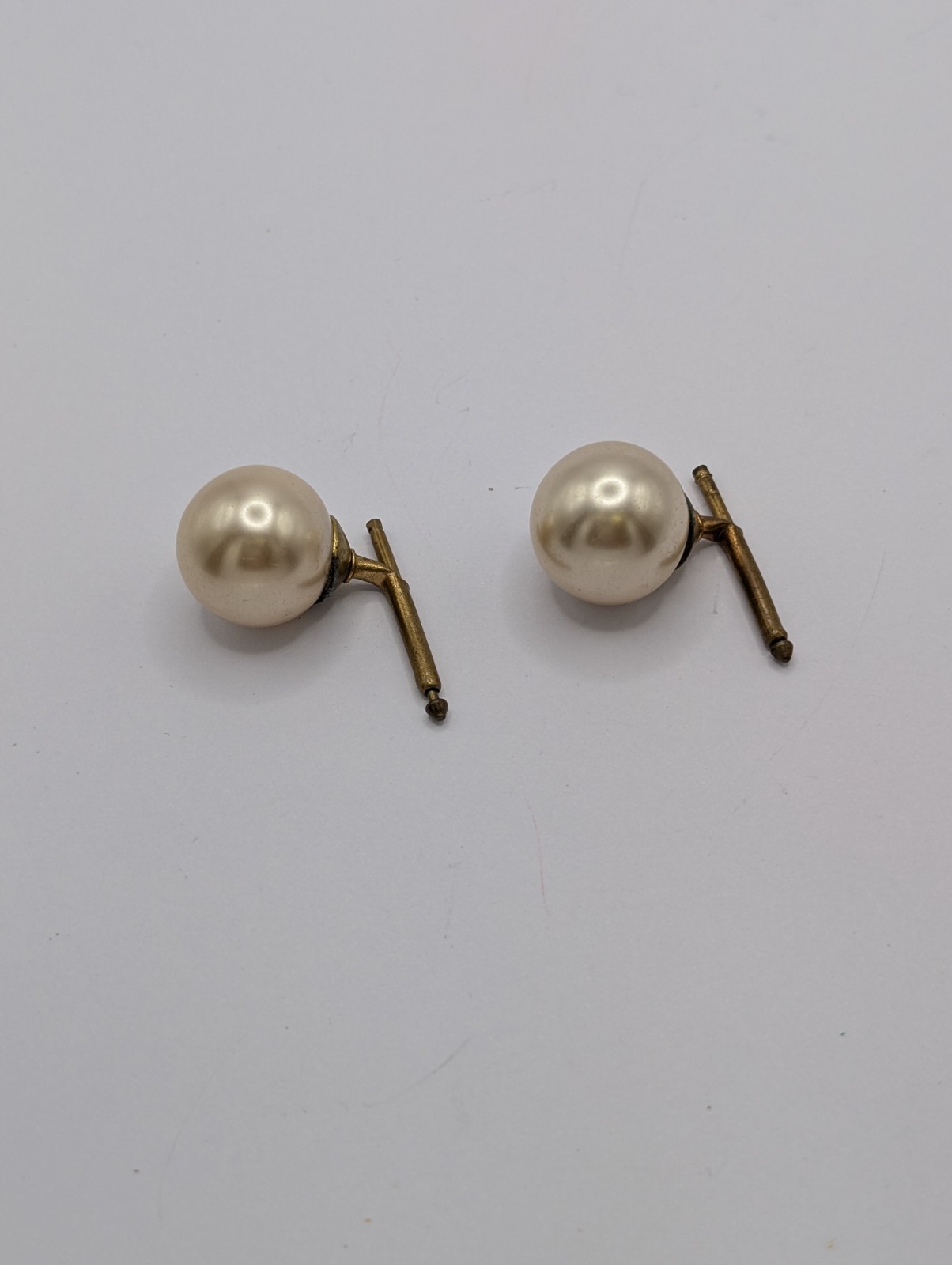 Vintage T-Bar Cufflinks Gold Tone Metal White Round Faux Pearl Pair 50 60s