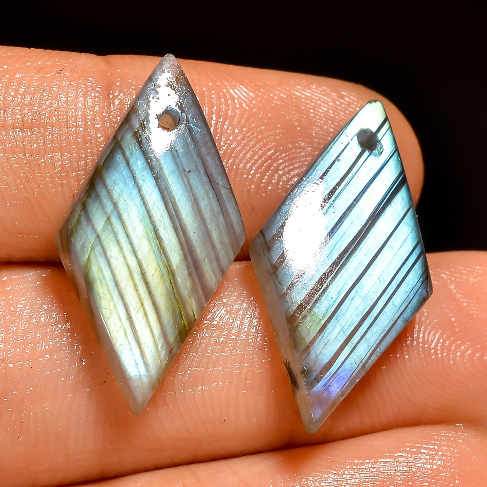 18 Cts Natural Labradorite Drilled Cabochon Match Pair Gemstone 24X12X4MM LB-300