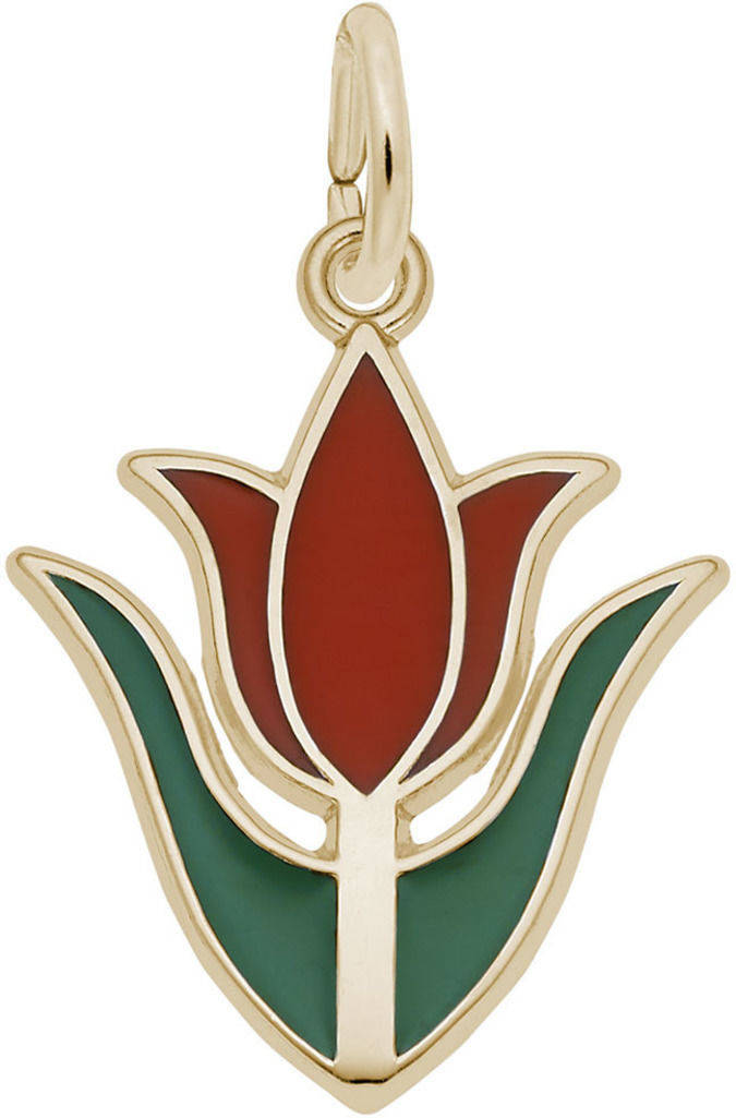 Tulip Flower Charm w/ Red & Green Enamel Rembrandt 10K or 14K Gold or 925 Silver