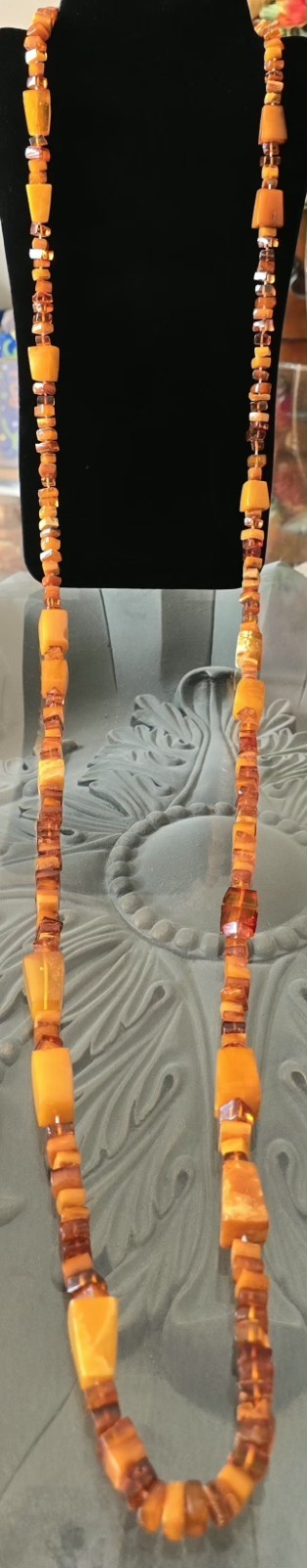 VTG GENUINE BALTIC EGG YOLK & HONEY AMBER BEADED NECKLACE 152 Grams☆ART DECO☆70″