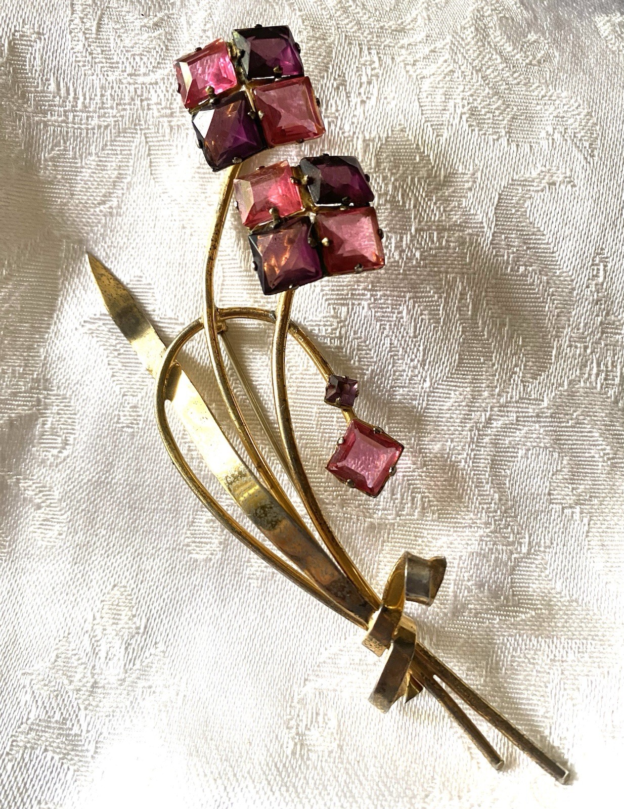 Vintage Art Deco Sterling Silver Floral Gold Plated Pink Stones Brooch