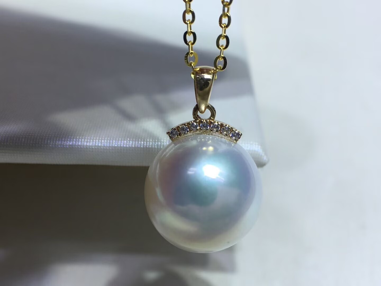 gorgeous 10.8mm south sea round white pearl pendant 18k+925silver cahin(mr)