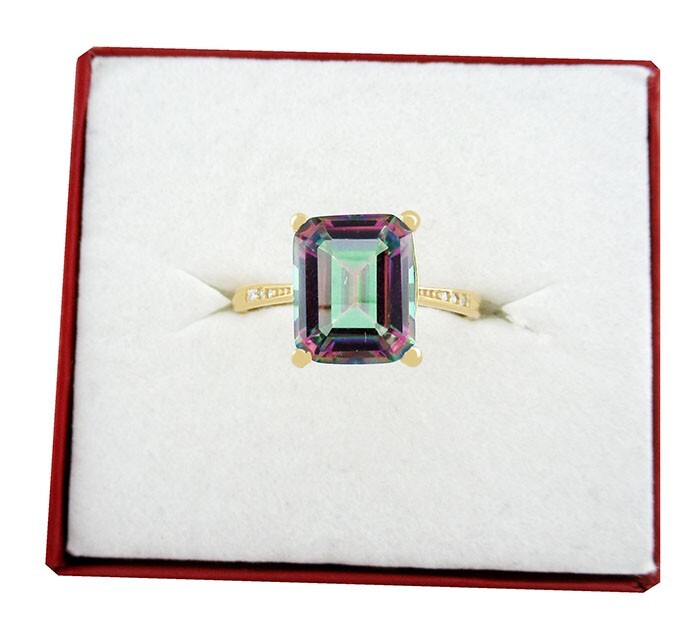 MYSTIC TOPAZ 3.85 Cts & WHITE SAPPHIRES RING 14k YELLOW GOLD PLATED
