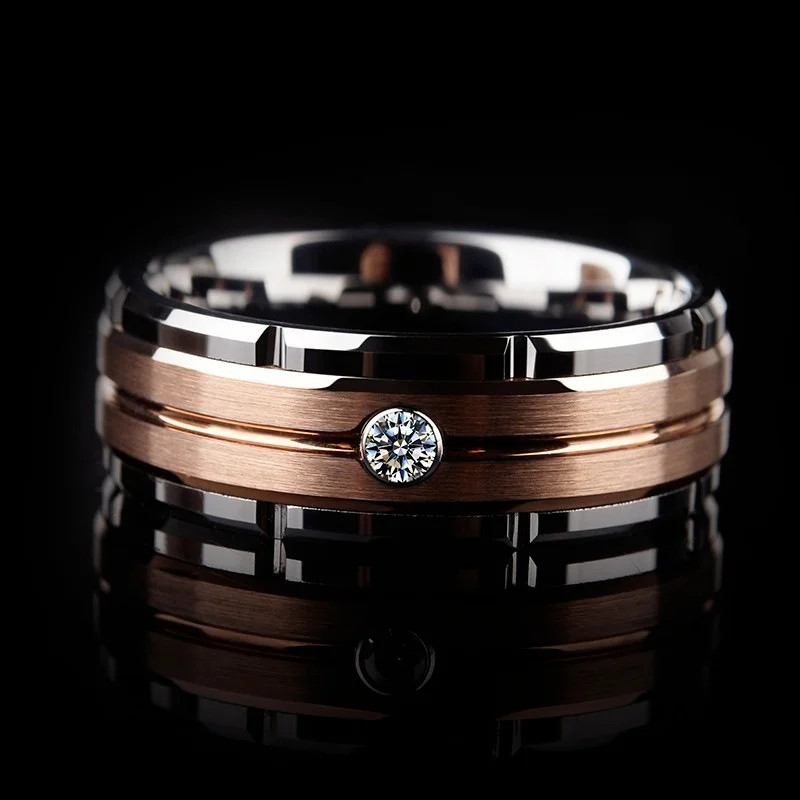 Rose Gold Tone Ring Zircon Stones Hollow Carved Band Engagement Women Jewelry