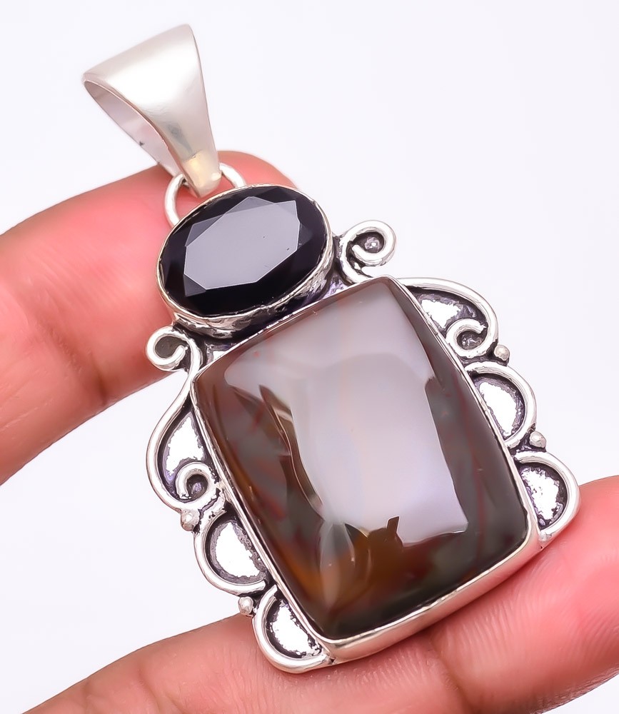 Natural Polychrome Jasper & Black Onyx 925 Silver Plated Pendant 2.1″ F2556