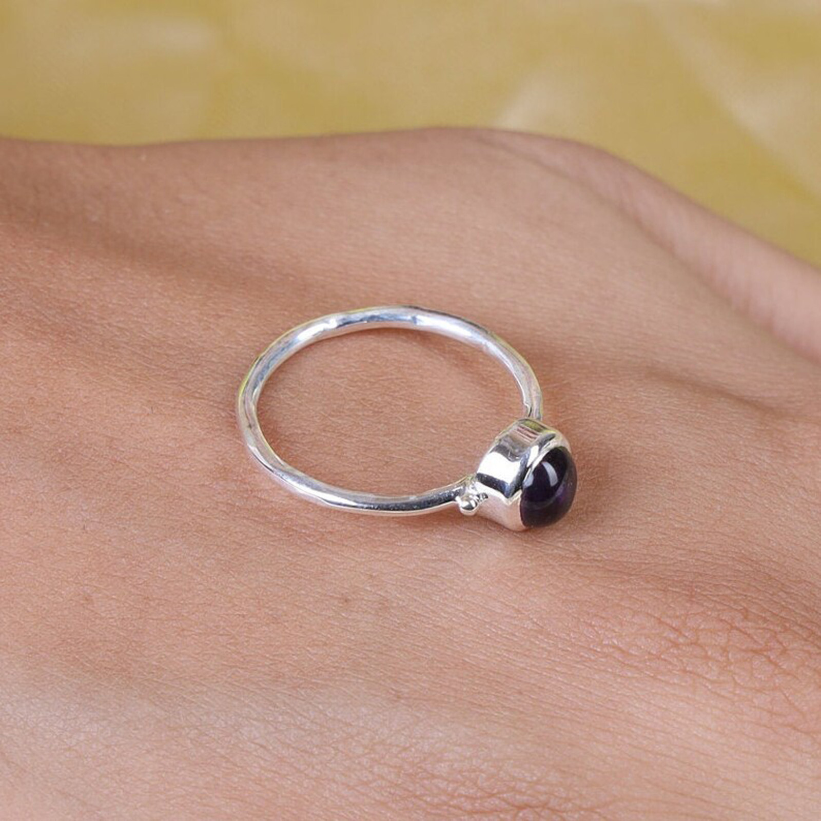 Natural Amethyst Round Cut Stone 925 Sterling Silver Women Handmade Simple Ring