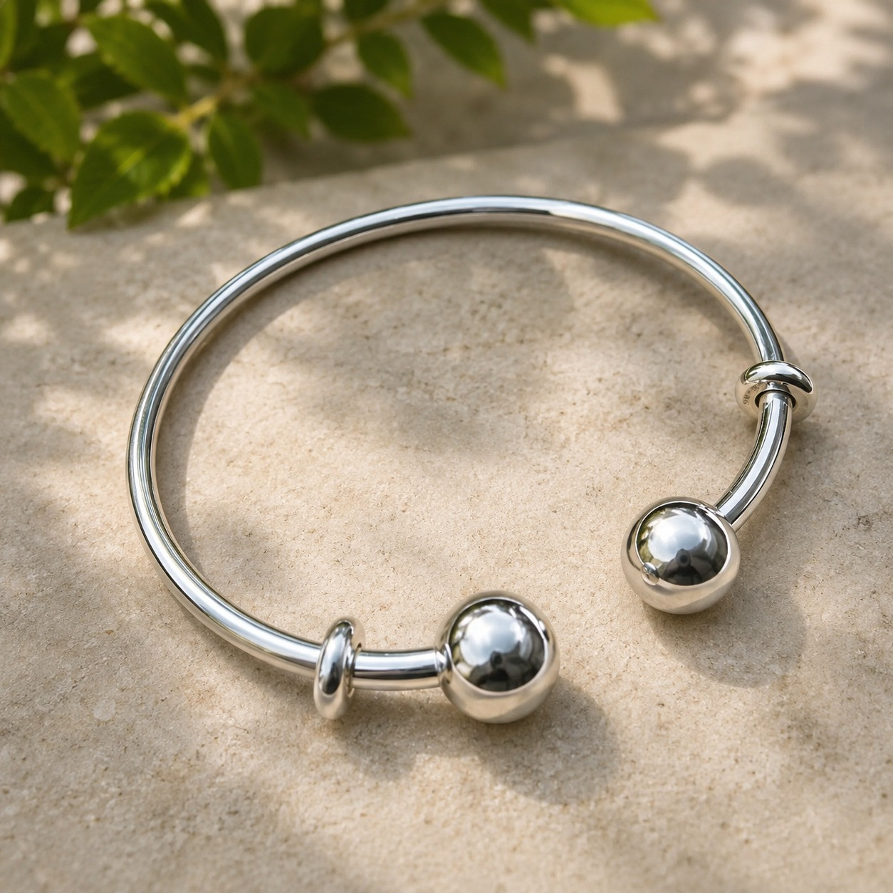 925 Sterling Silver Open Bangle, Charm Bangle, Classic Logo Open-Design Bangle