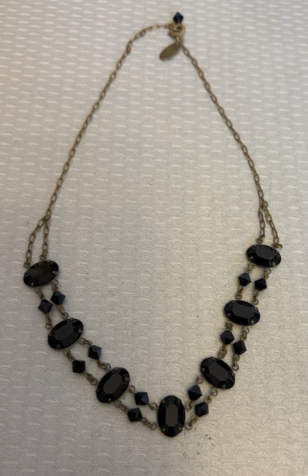 Liz Palacios Jet Black Glass Victorian Revival Choker Necklace Brass Chain 15″