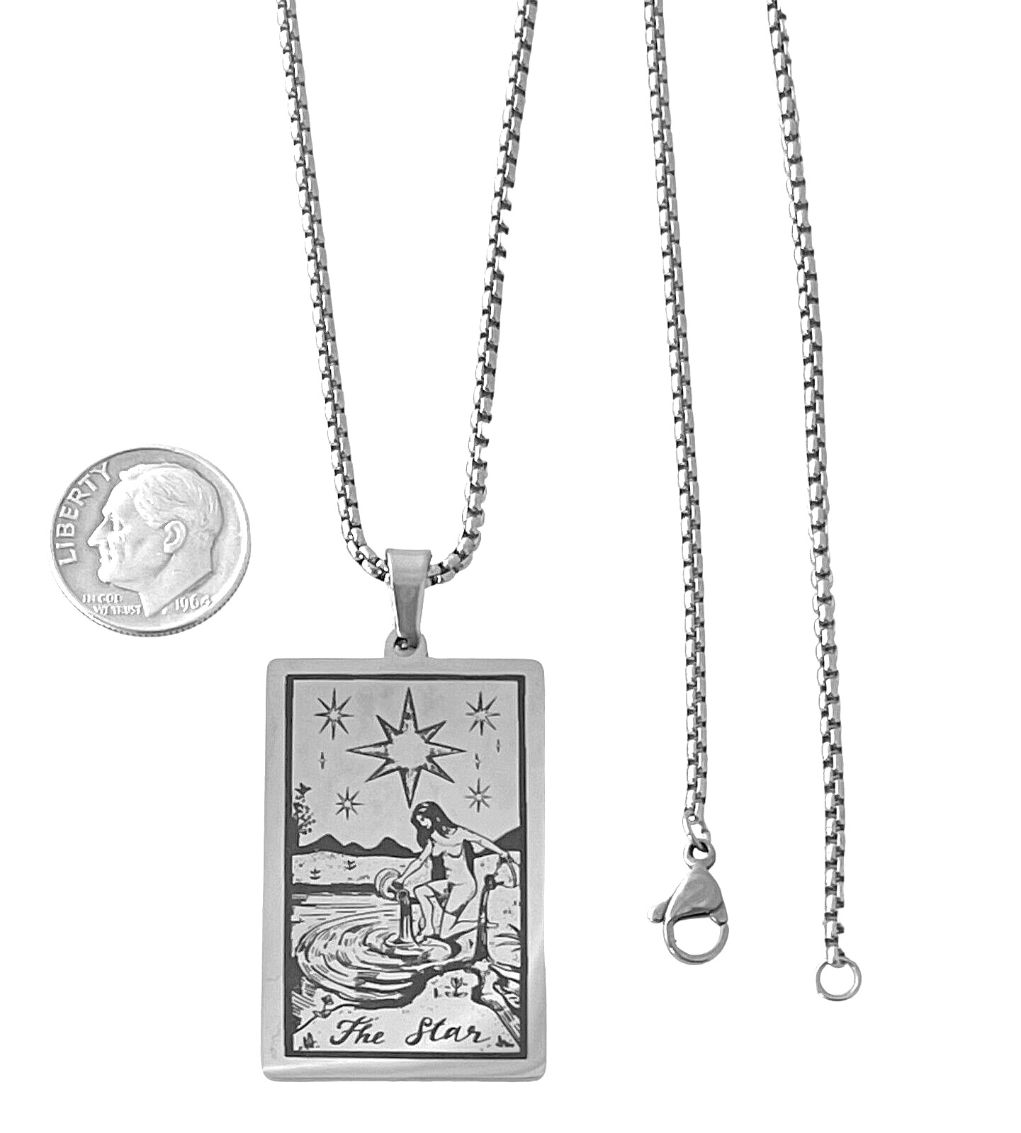 THE STAR Necklace Stainless Steel Silver Tarot Card Bead Drop Pendant 24″ Chain