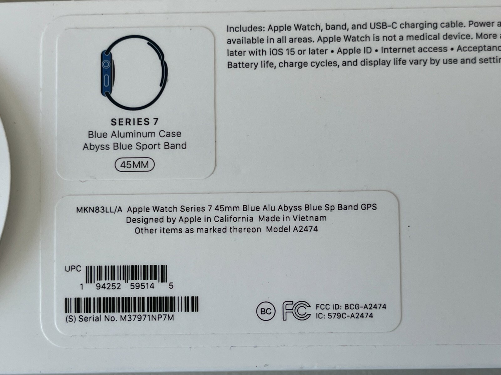 Apple Smart Watch 7 GPS 45mm MKN83LL/A Abyss Blue Sport Band 32 GB Wristwatch ..