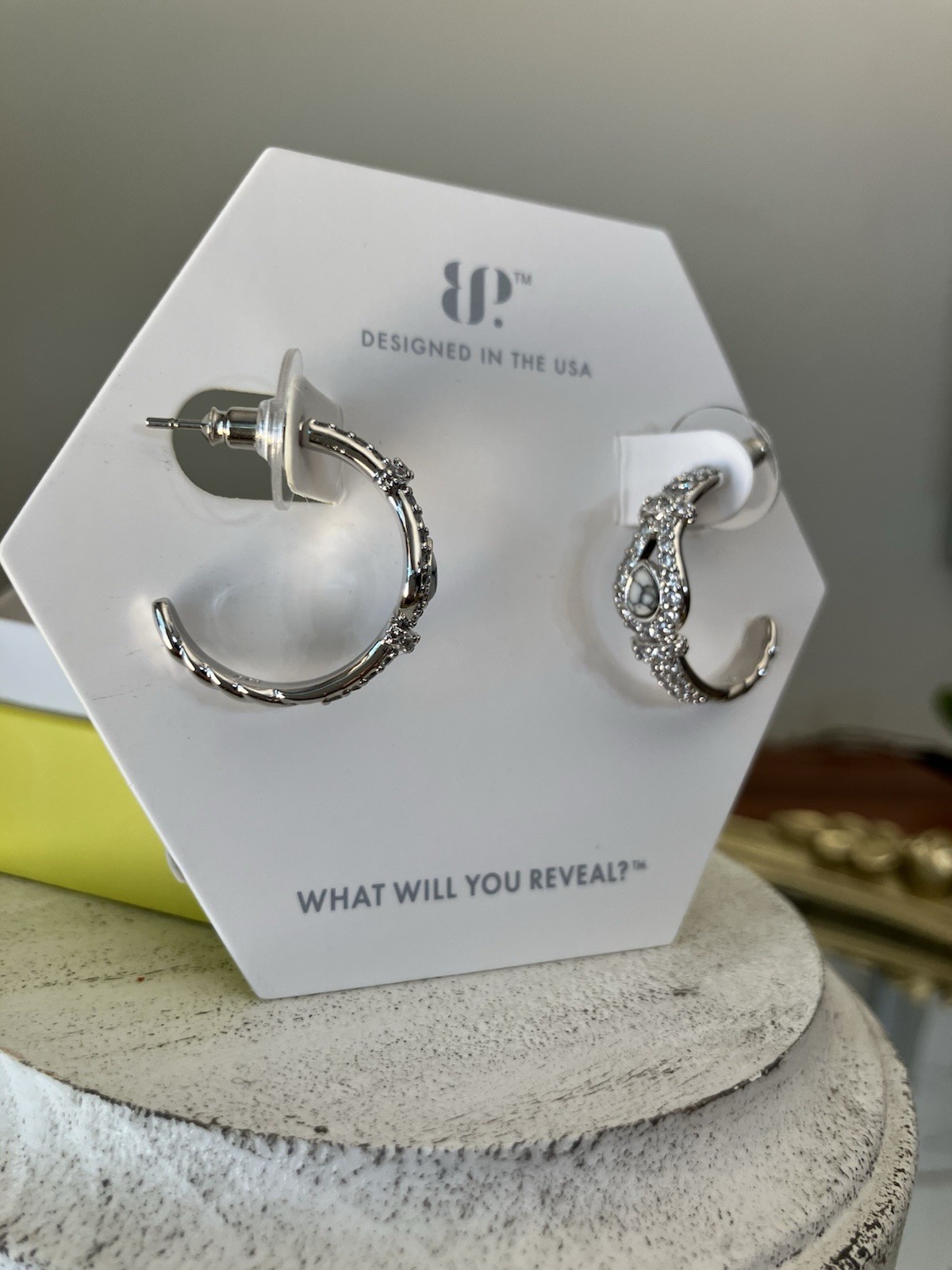 Bomb Party OG Earrings “Serving Looks” Howlite Hoops On Rhodium ER49507